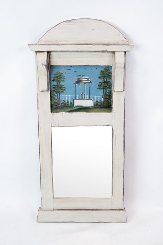 Small grey painted gustavian mirror from 1810. 
5000m2 showroom.
