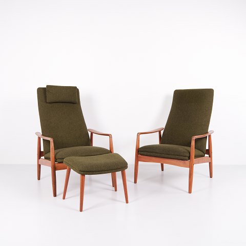 Paire de fauteuils lounge avec tabouret – Teck – Tissu vert – Alf Svensson – Fritz Hansen – Années 1960