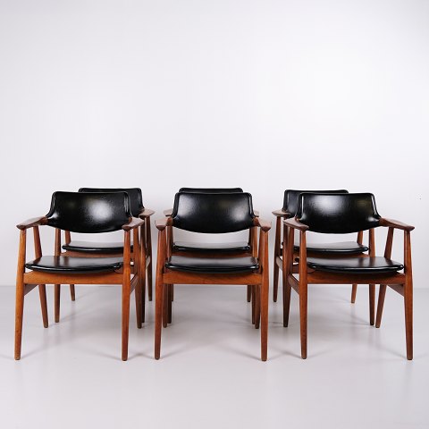 Suite de 6 Chaises de Salle à Manger Modèle GM11 en Teck et Cuir Noir par Svend Aage Eriksen pour Glostrup Møbelfabrik, Années 1960