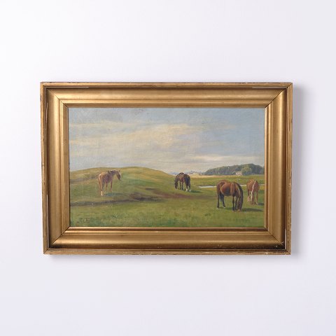 Peinture “Chevaux dans le Pré” par Niels Christiansen avec Cadre Doré