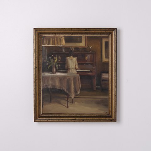 Peinture d’Intérieur “Dame au Piano” avec Cadre Doré des Années 1930
