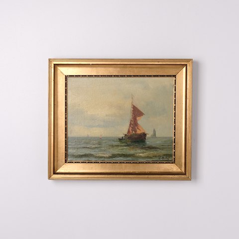 Peinture Marine avec Voilier dans un Cadre Doré des Années 1890