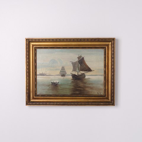 Peinture Marine avec Trois Voiliers près du Château de Kronborg dans un Cadre Doré des Années 1890