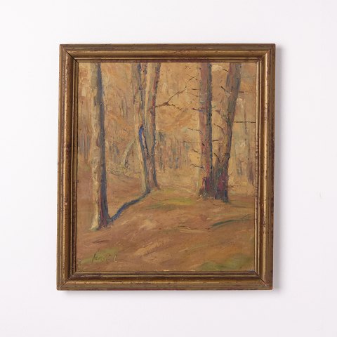 Peinture sur Toile Représentant une Forêt dans des Tons Jaunes des Années 1930