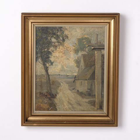 Peinture sur Panneau Représentant une Ferme à la Campagne avec Cadre Doré des Années 1930