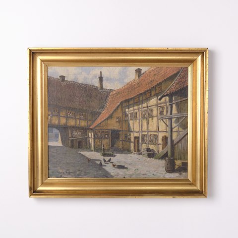 Peinture Signée sur Toile Représentant une Ferme et des Poules avec Cadre Doré des Années 1940