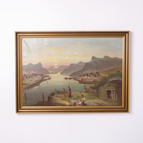 Peinture sur Toile Représentant une Rivière dans un Paysage de Montagne Signée des Années 1940