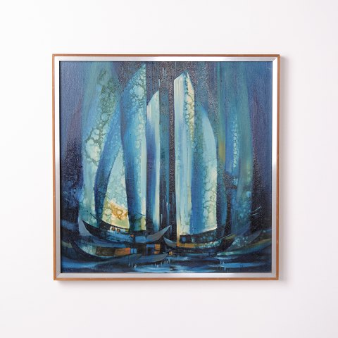 Peinture sur Toile au Motif Moderne dans des Tons Bleus des Années 1980