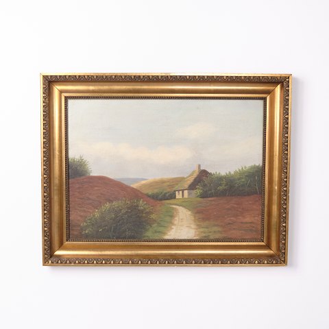 Peinture sur Toile Représentant un Chemin Menant à une Ferme dans un Paysage avec Cadre Doré des Années 1940