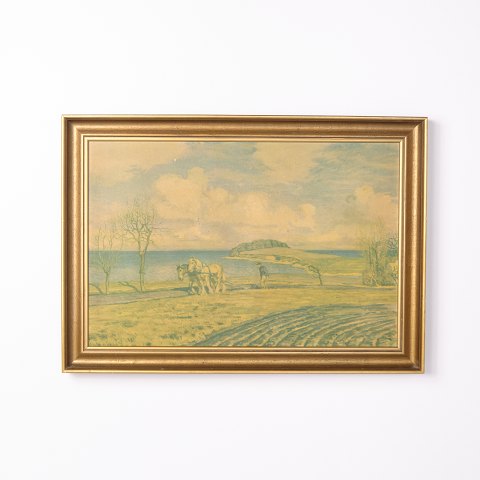 Peinture sur panneau avec paysage dans un cadre doré