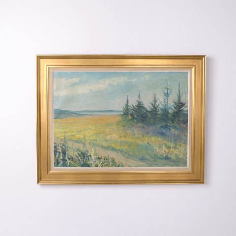 Peinture sur toile avec paysage dans un cadre doré datant de 1969