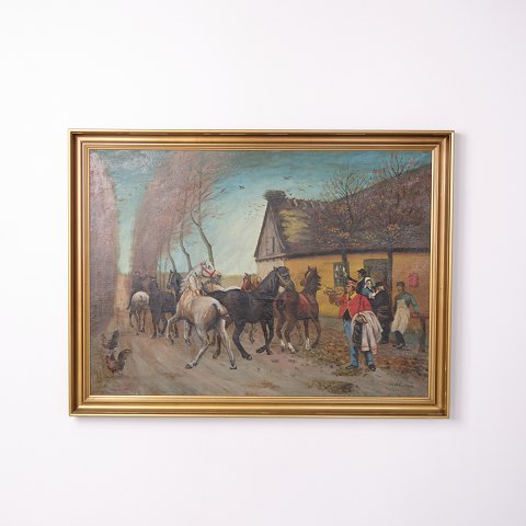 Peinture signée sur toile représentant des chevaux, encadrée