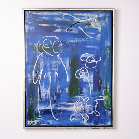 Peinture sur toile dans des tons bleus, signée « 08 »