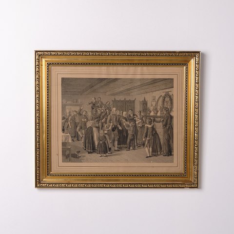 Gravure sur cuivre représentant une scène de réception dans un cadre doré des années 1920