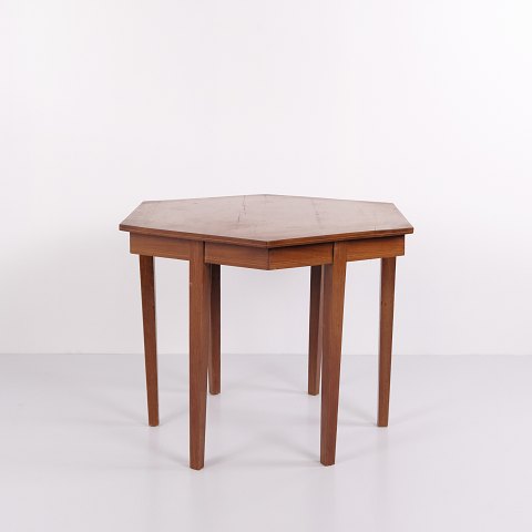 Table d’appoint hexagonale ancienne en acajou avec marqueterie des années 1880