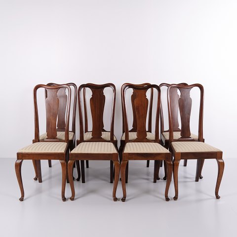 Suite de 8 Chaises de Salle à Manger Bois Foncé et Tissu Rayé Années 1920