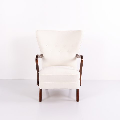 Fauteuil à Haut Dossier Modèle 23B en Bois Poli et Tissu Clair par Alfred Christensen pour Slagelse Møbelfabrik Années 1940