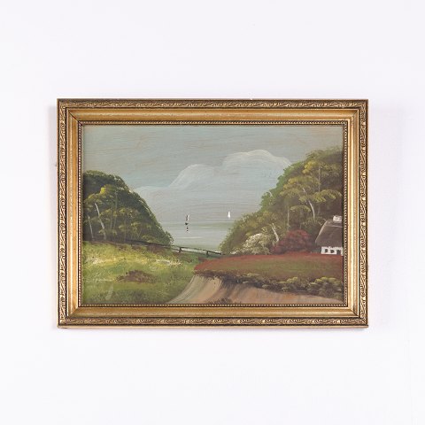 Peinture sur Toile avec Cadre Doré Représentant des Chevaux avec Vue sur Mer XXe Siècle