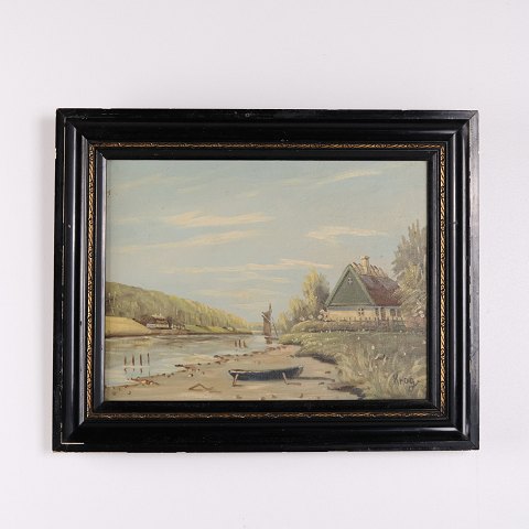 Peinture sur Toile Représentant une Rivière et une Maison de Campagne Signée Krog