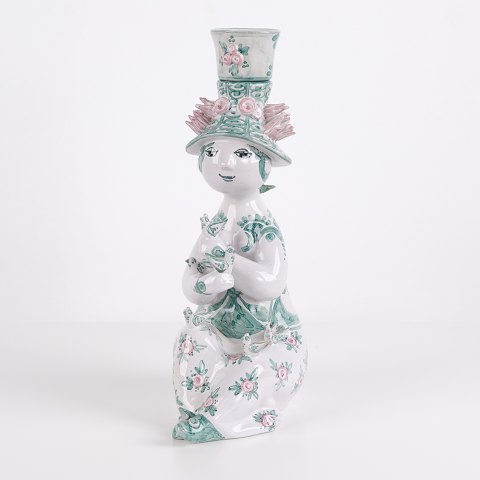 Figurine Bjørn Wiinblad N° 93 en Céramique Verte et Rose avec Motif Floral