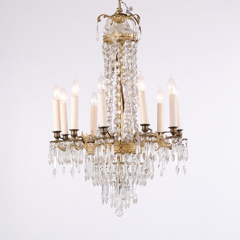 Lustre Français Ancien à Pampilles en Bronze Doré avec 10 Lumières vers 1890