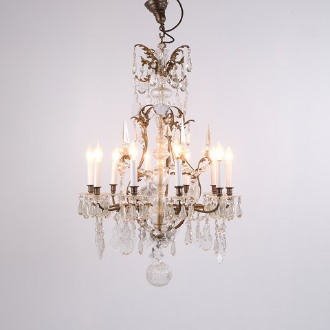 Lustre Ancien à Pampilles en Bronze Doré avec Décorations Style Louvre Années 1920