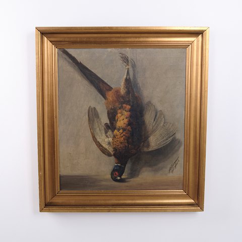 Peinture à l’Huile avec Faisan Suspendu dans un Cadre en Bois Doré, vers les Années 1920