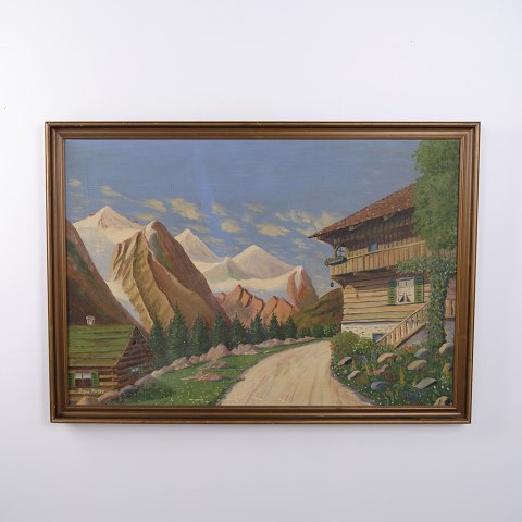 Peinture à l’Huile avec Paysage Alpin et Fermes de Montagne, vers 1940–1960