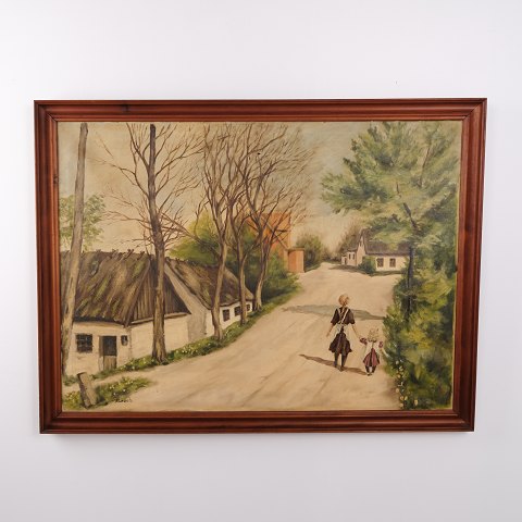 Peinture à l’Huile avec Scène de Village, Femme et Enfant, signée N. Leach, vers 1940–1960