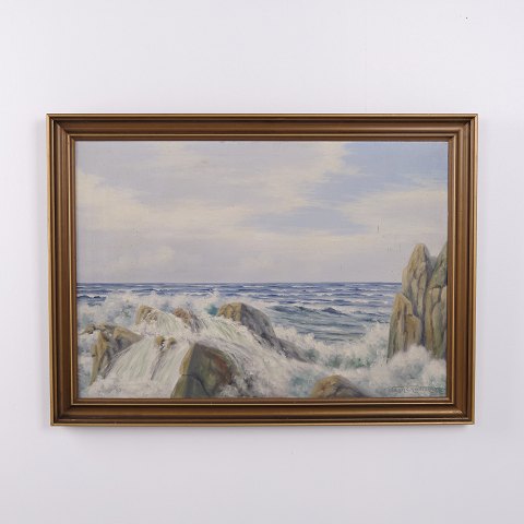 Peinture à l’Huile avec Côte Rocheuse et Mer Agitée, signée Vagn Christensen, vers 1940–1960