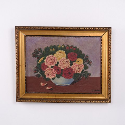Peinture à l’Huile avec Roses dans une Coupe, signée, vers 1930–1950