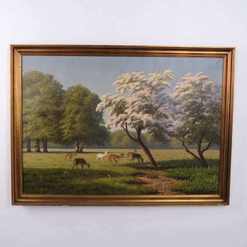 Peinture à l’Huile sur Toile avec Daims à Dyrehaven sous des Arbres en Fleur, signée, vers 1910–1920