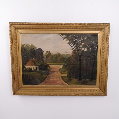 Peinture à l’Huile de F. Schmidt avec Paysage Forestier, Chemin de Campagne et Maison au Toit de Chaume, 1900