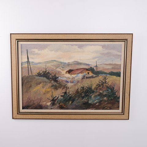 Peinture à l’Huile sur Toile avec Paysage Vallonné, Ferme et Sapins, signée, vers 1960–1980