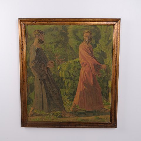 Peinture à l’Huile sur Toile avec Deux Hommes en Vêtements Historiques dans un Paysage Forestier, signée, vers 1910–1930