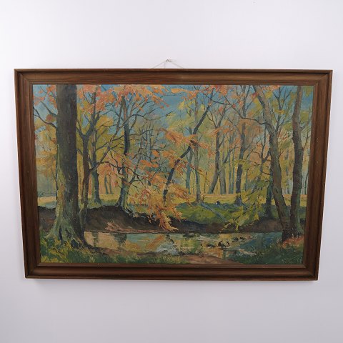 Peinture à l’Huile sur Toile avec Forêt Automnale et Ruisseau, signée, vers 1940–1960