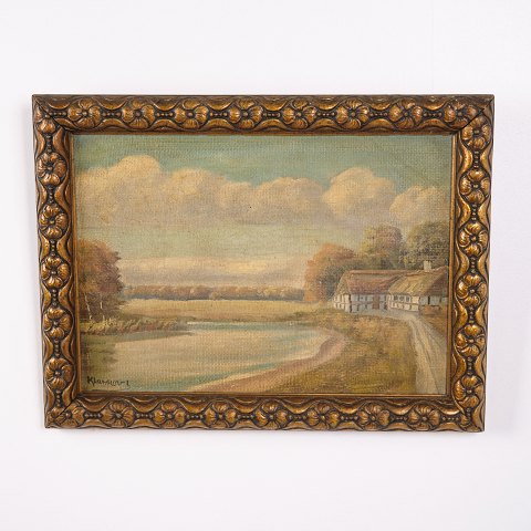 Peinture de Paysage sur Toile avec Ferme et Chemin dans un Cadre Doré Signée