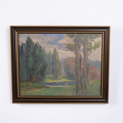 Peinture de Paysage sur Toile avec Arbres dans un Cadre Doré 39 x 48,5 cm