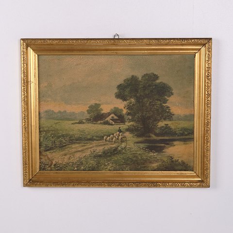 Peinture de Paysage sur Panneau avec Moutons dans un Cadre Doré 37,5 x 47,5 cm