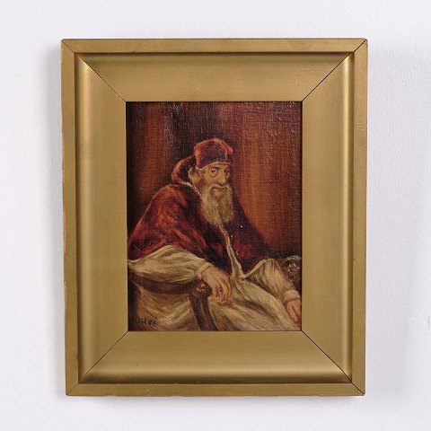 Peinture de Portrait sur Panneau de Bois représentant un Pape dans un Cadre Doré 30 x 25 cm