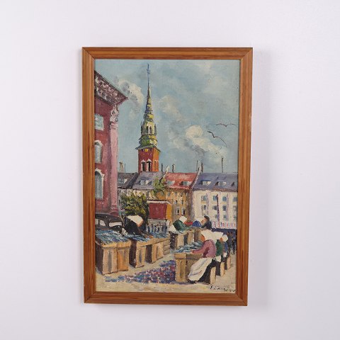 Peinture de Ville sur Toile avec Église dans un Cadre Doré 61 x 40 cm