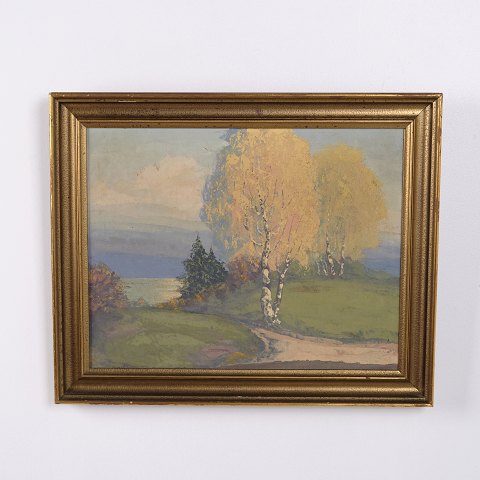 Peinture de Paysage sur Toile avec Bouleaux dans un Cadre Doré 40,5 x 50 cm