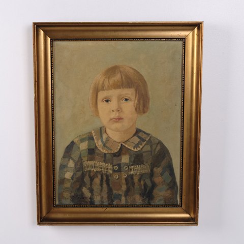 Peinture de Portrait sur Toile représentant une Jeune Fille dans un Cadre Doré 58,5 x 47 cm