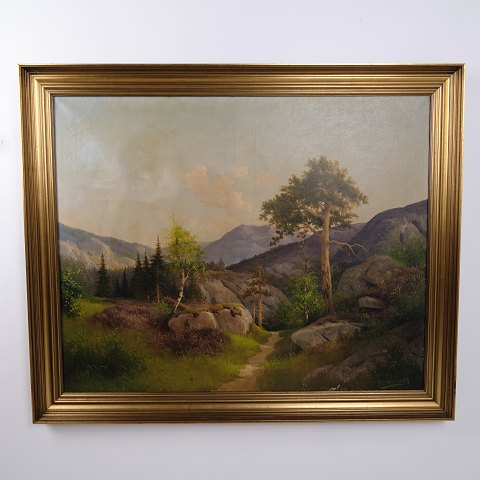 Grande Peinture de Paysage sur Toile avec Montagnes et Arbres dans un Cadre Doré 112,5 x 136 cm