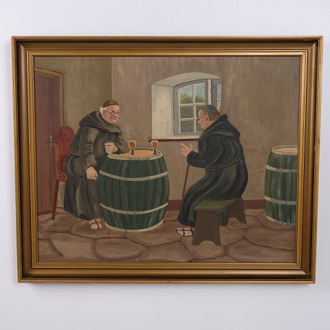 Peinture sur Toile avec Monastère et Moines dans un Cadre Doré 66 x 81 cm