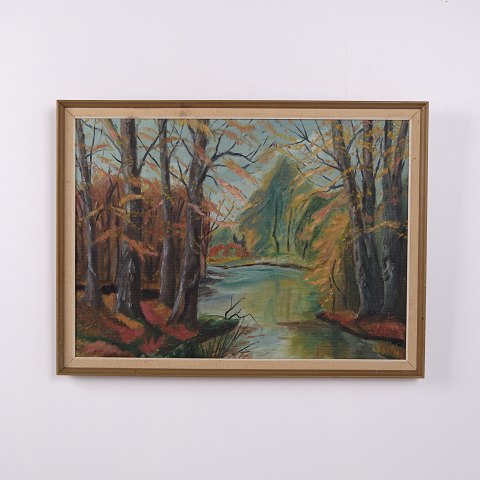 Peinture de Paysage sur Toile avec Forêt et Ruisseau dans un Cadre Doré 47,5 x 64 cm