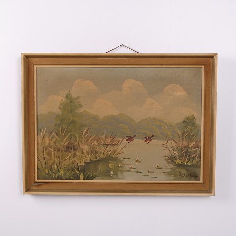 Peinture de Paysage sur Toile avec Lac et Canards dans un Cadre Doré 55,5 x 75,5 cm