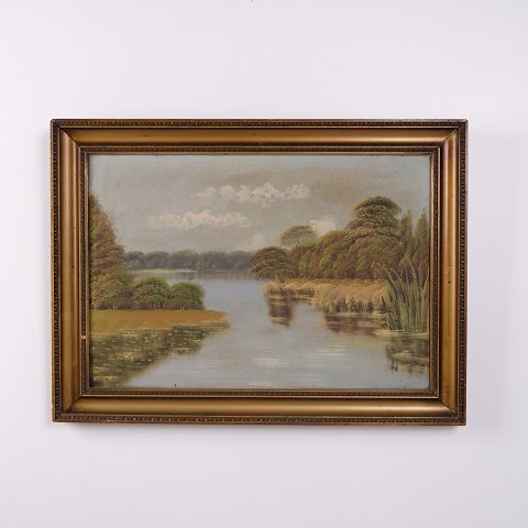 Peinture de Paysage sur Toile avec Lac, Roseaux et Arbres dans un Cadre Doré 55 x 75 cm