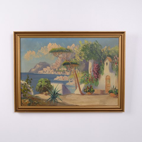 Peinture de Paysage sur Toile avec Scène Côtière Méridionale dans un Cadre Doré 54 x 74 cm