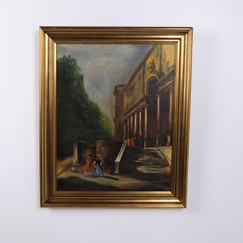 Peinture Urbaine sur Toile avec Église et Personnages dans un Cadre Doré 76,5 x 62,5 cm